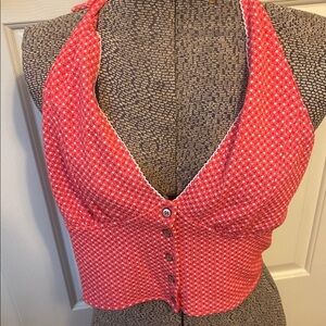 Free People Red Halter Crop Top with White Dot Trim
